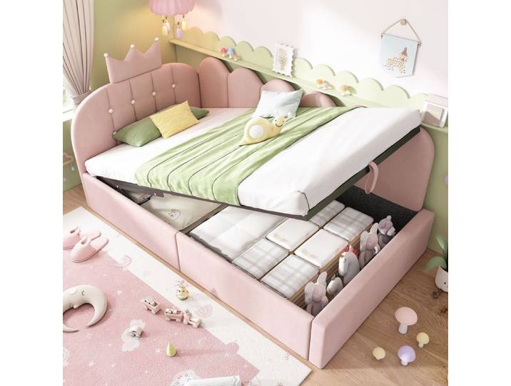 Lit banquette - Forme L - 90x200 cm - Coffre hydraulique - Velours rose