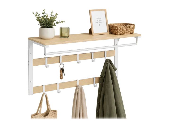 Porte-manteau Mural Relaxdays 3-en-1\, 10 Crochets\, Tringle\, Étagère Chapeaux\, H×l×p 42×80×30 Cm\, Naturel/blanc