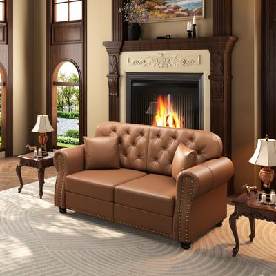 Kodotan sofa "63""Upholstered Faux Leather Sofa with Nailhead Trim and Rolled Armrests,Mid-Century Modern Chesterfield Sofa with Button Tufted"