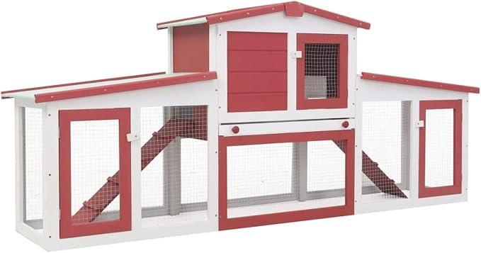 Großer Outdoor Kaninchenstall, Hasenstall aus Holz in Rot und Weiß, Meerschweinchen Käfig, 204x45x85 cm, Freilaufgehege, Hasenhaus, Kleintierhaus, Hamsterkäfig, Kaninchengehege