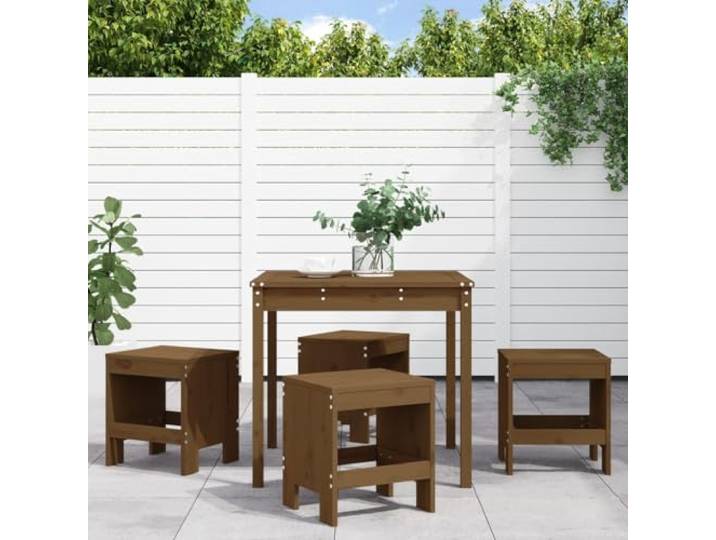 ZQQLVOO 5-TLG. Garten-Essgruppe Honigbraun Massivholz Kiefer Robuste Tischplatte, Hocker ohne Rückenlehne, platzsparend unter Tisch verstaubar, max. 110 kg pro Sitzplatz