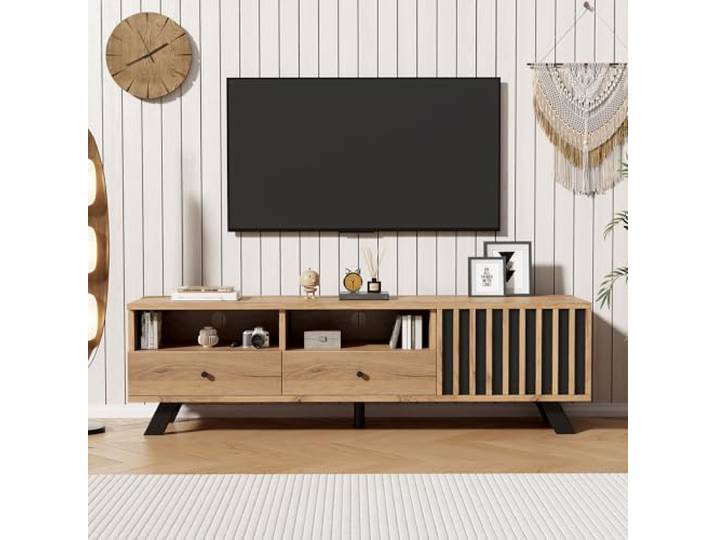 Fiednoy TV-Schrank Holz 150cm Für 60 Zoll Fernseher Lowboard Mit 2 Schubladen, 1 Schrank, Halboffenen Fächern, 45kg Tragfähigkeit, Kleine Wohnungen