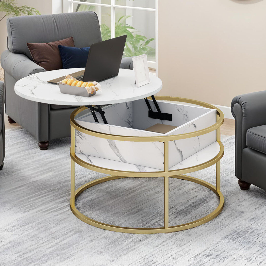 Blue Elephant Rothwell Lift Top Coffee Table ,Extendable Round Cocktail Table Gold/White Marble 62.5cm H x 60cm W x 60cm D