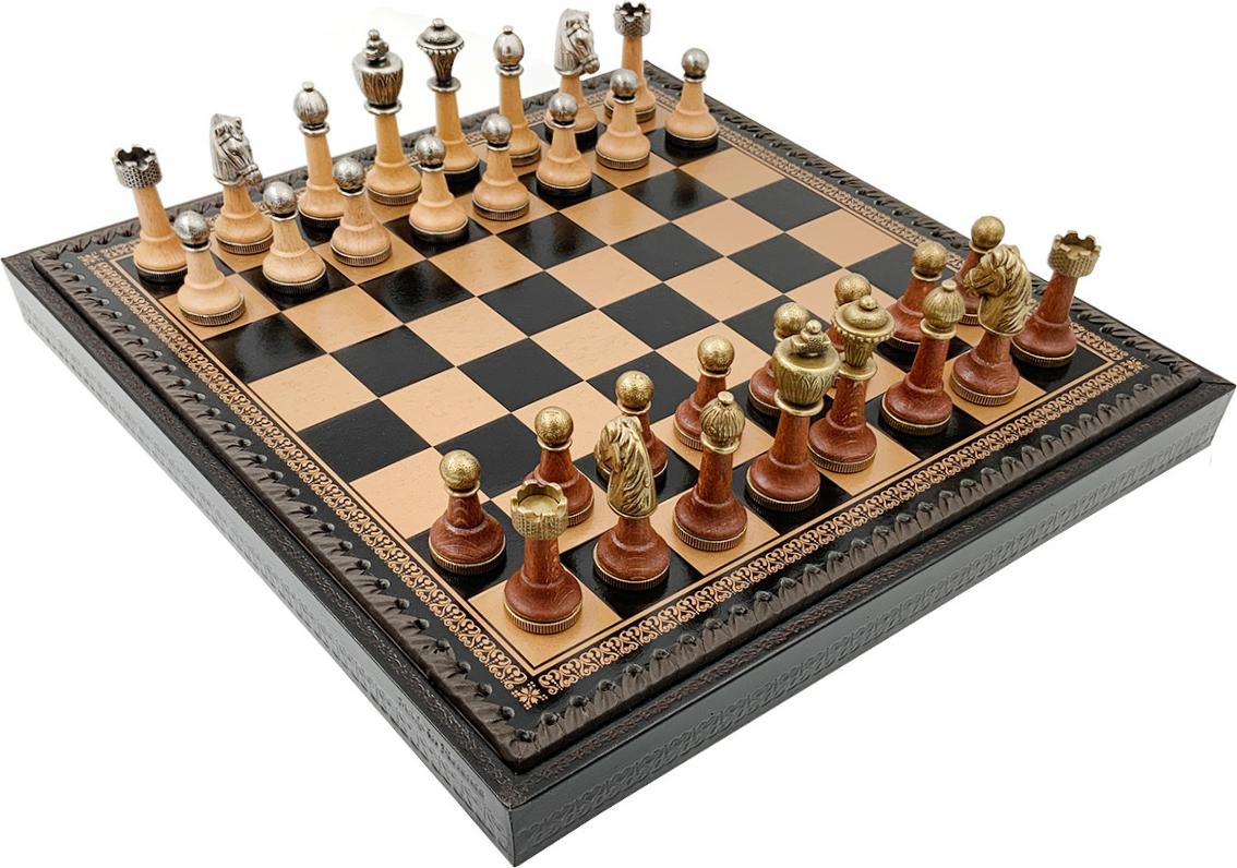 Italienische Schachfiguren Classic Metall/Wood + Schachbrett Gold/Schwarz 35