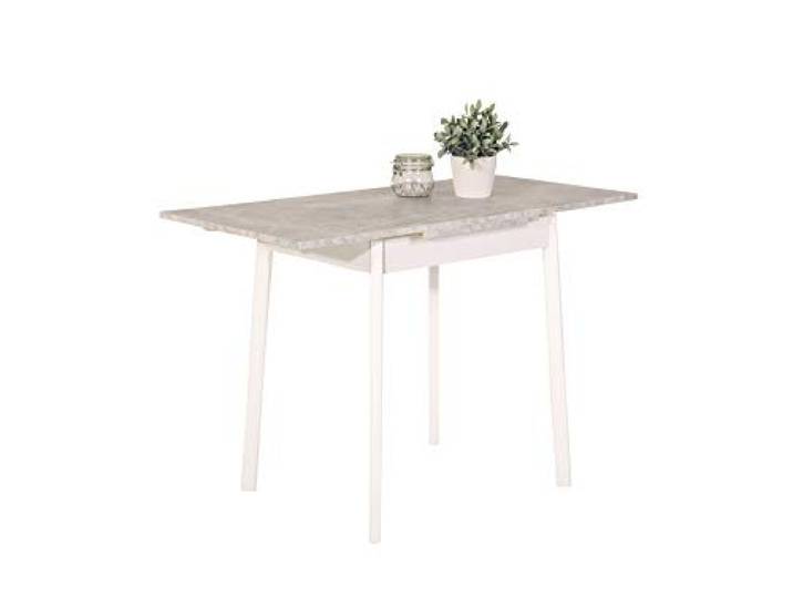 Hela, Küchentisch Singeltisch Trier, Holzwerkstoff Dekor Betonoptik, Massivholzgestell Buche weiß lackiert, ausziehbar, 75-112x55x74cm