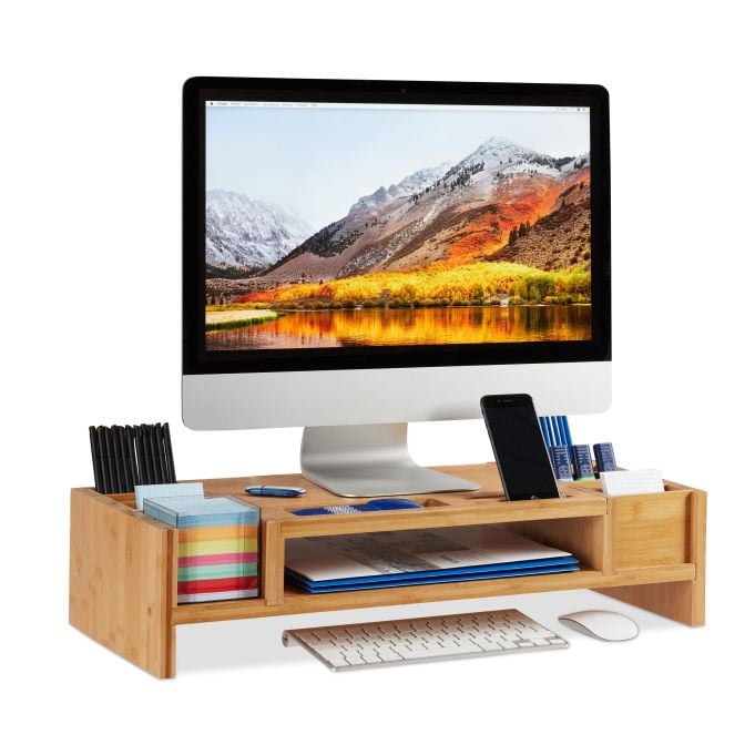 Relaxdays Monitorstandaard met opbergruimte, Bamboe, Bruin, B: 28 cm, D: 15 cm, H: 10 cm