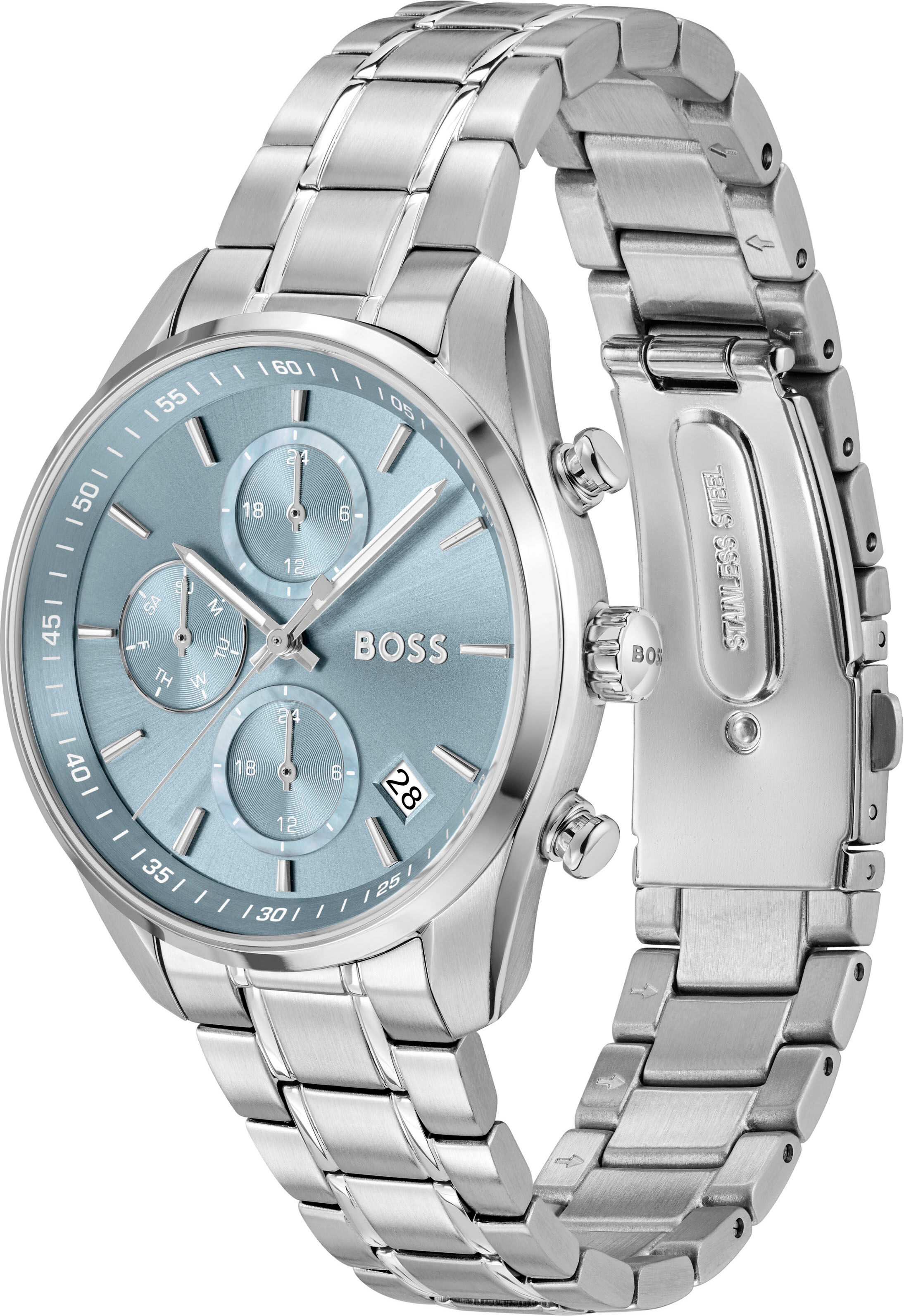 Multifunktionsuhr BOSS "GRAND TOUR LADIES", silber (silberfarben, hellblau, hellblau), Armbanduhren, Damen, silberfarben, Multifunktionsuhr, Quarzuhr, Armbanduhr, Damenuhr, Edelstahlarmband
