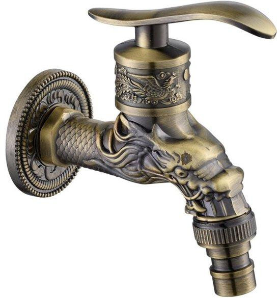 Antieke messing wandkraan met draakmotief voor keuken, badkamer of tuin, geborsteld messing