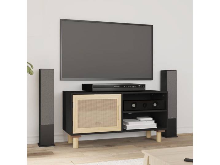 furnicato TV-Schrank Massivholz 80 x 30 x 40 cm Schwarz (1-St) Rattan-Webdesign Medienschrank mit 3 Fächern und Massivholzbeinen