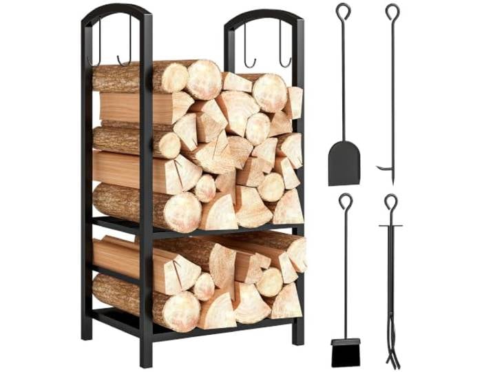 Outsunny Porte bûches Multi Accessoires 2 Étagères 40L x 30l x 75H cm Noir Range bûches Serviteur de cheminée\, Métal