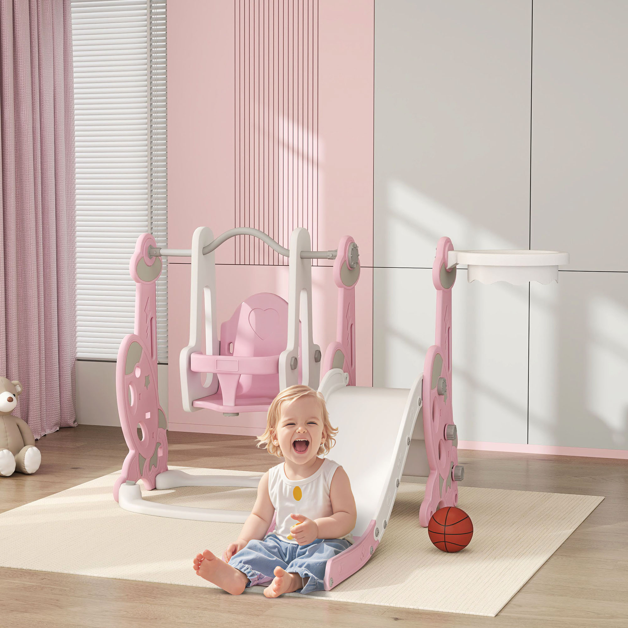 Aiyaplay Scivolo 4 in 1 con Altalena, per Bambini 18-48 Mesi, Scaletta da Arrampicata e Cestino da Basket, Rosa   Aosom Italy