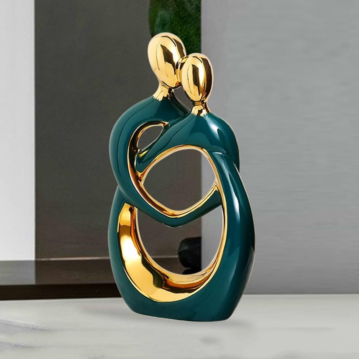 Grande Keramisch Abstract Sculptuur Beeldje Omarmend Paar - Goud Groen