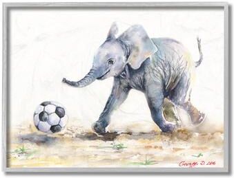 Stupell Elephant Baby Playing Soccer Adorable Jungle Animal Framed Wall Art