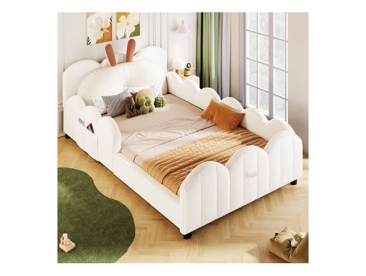 HAUSS SPOLE Kinderbett 90x200 mit Stauraum Kinderbett Tagesbett in Kaninchenform Beige (Schutzgeländer & gepolsterte Seiten., 1-tlg., 90x200), mit Kissen in Kaninchenform