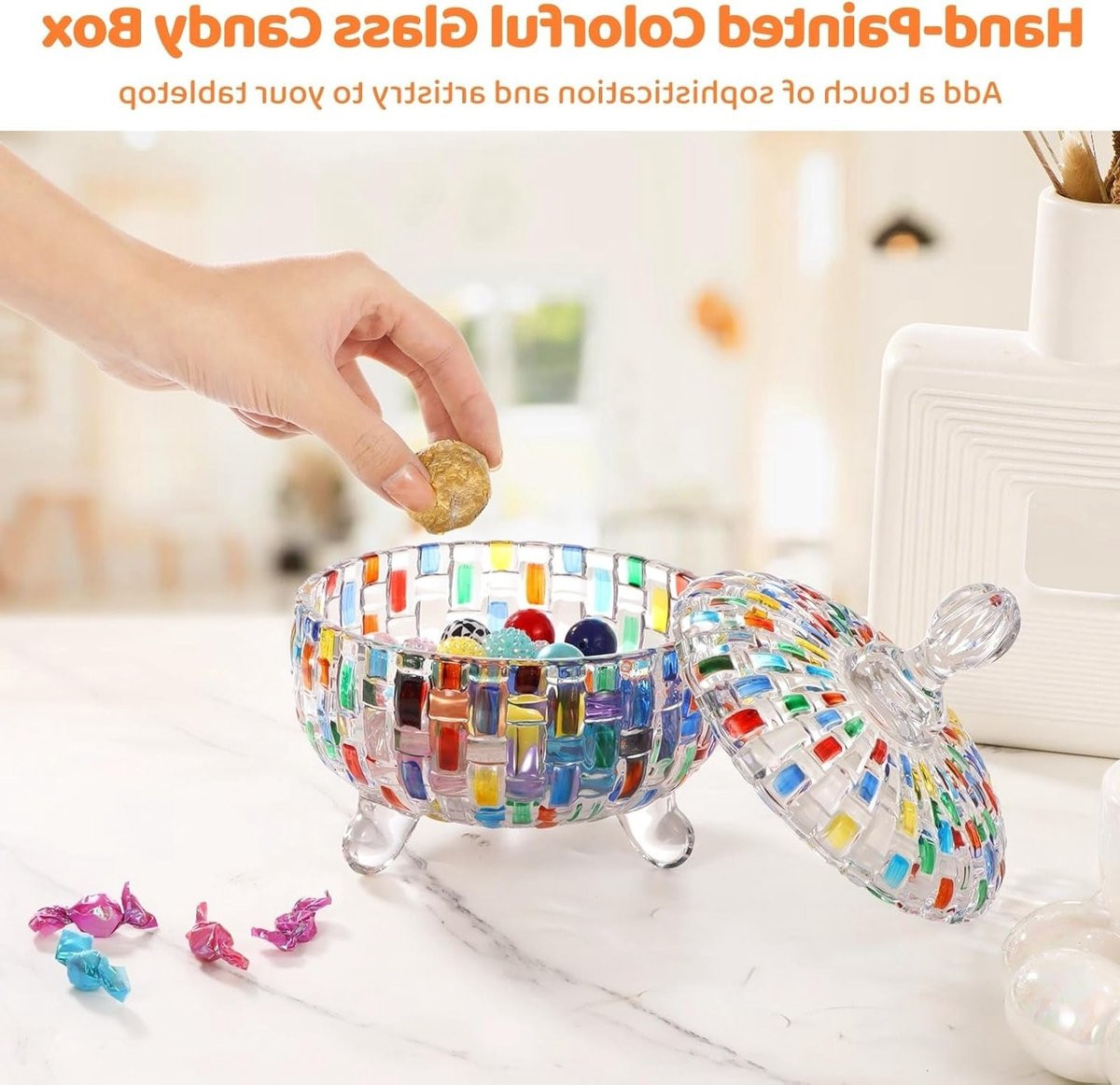 Handgeschilderde glazen snoepdoos met deksel - Decoratieve opbergpot voor snoep, sieraden en snacks