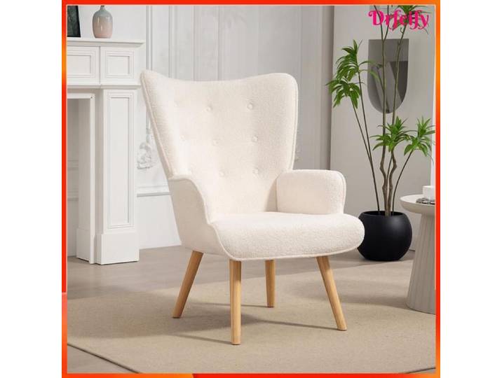 Fauteuil de salon - AKOZON - Fauteuil capitonné - Tissu bouclette - Pieds en bois d'hévéa - Mousse haute densité