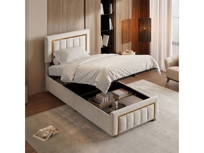 Lit coffre 90x200 cm - ADWOLT - Velours beige - Cadre métallique - Rangement hydraulique - Design contemporain