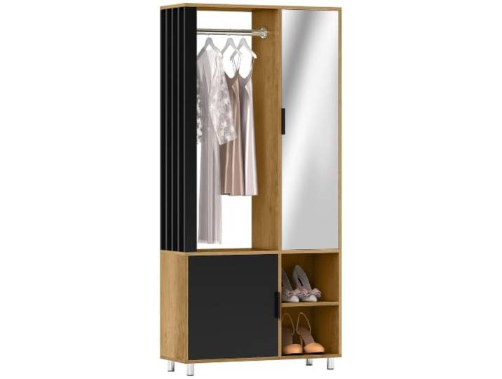 HOMCOM Kleiderschrank mit Spiegel 80x30x170cm Naturholz Moderne Ankleide, Aufbewahrungsschrank, offene Fächer, Kleiderschrank, Kleiderstange