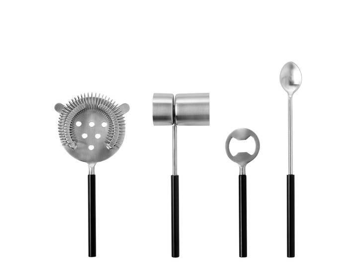 Cocktail-Set FINK STUDIO ALL IN ONE , silber (schwarz), Edelstahl, Cocktail-Sets, Cocktail-Set, bestehend aus Sieb, Rührlöffel, Flaschenöffner, Barmaß