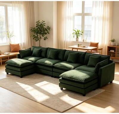Loedds 149.61-Inch 4-Seat Chenille Modular Sectional Sofa with 2 Ottomans & Lumbar Pillows