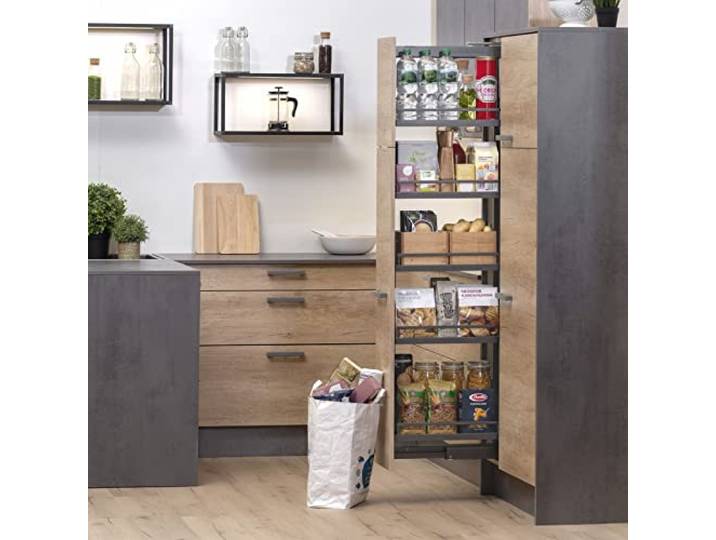 Dispensa-X Apothekerauszug ANTHRAZIT 1900-2300 mm 400 mm Tragkraft 100 Kg inkl. SoftstopPlus Clickfixx und 5 ARENA Style Tablaren für breite Schränke Apothekerschrankbeschlag von SOTECH