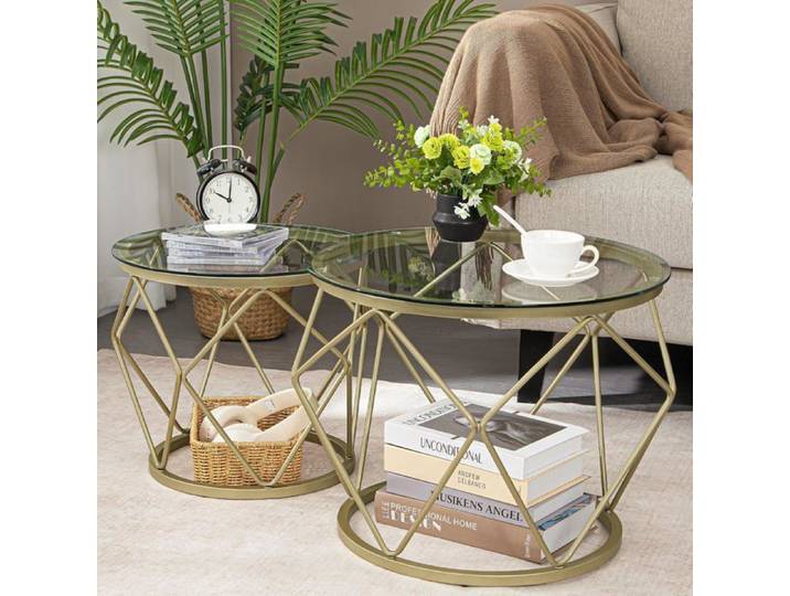 Table Basse Ronde Set de 2 Tables d'appoint Set de Tables d'appoint avec Cadre métallique pour Salon Chambre Bureau Doré
