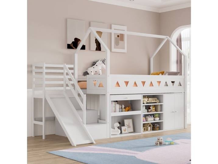 WUVRIE Lit combiné enfant 90 x 200 cm avec toboggan escalier tiroir placard sommier inclus blanc