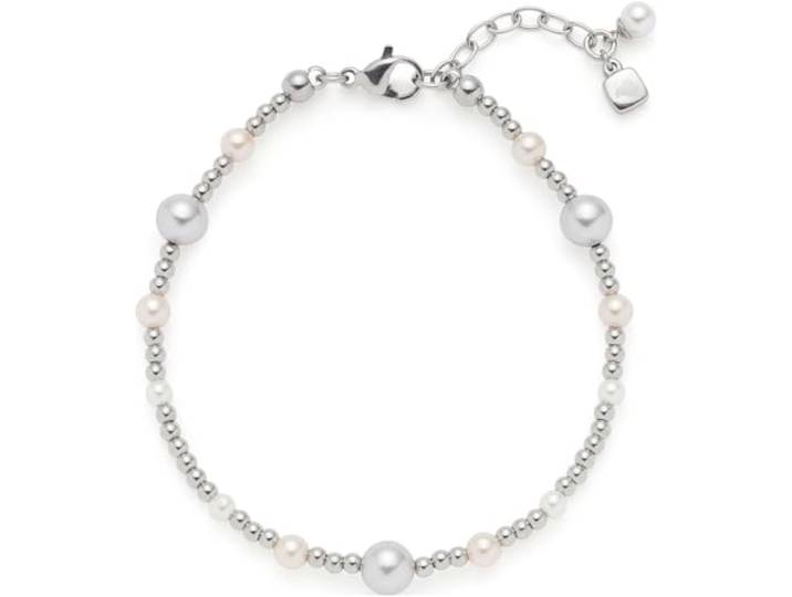 JEWELS BY LEONARDO Armband Elsana, Arm-Schmuck aus silberfarbenem Edelstahl, Imitationsperlen in Weiß, Creme und Hellgrau, 18-21 cm Länge, Schmuck Damen, 024334