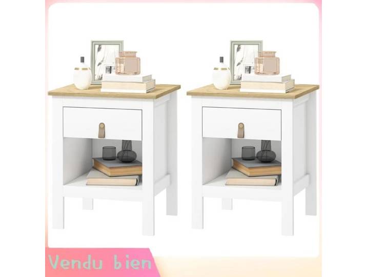 LIA Lot 2 tables chevet blanches 45x40x55cm tiroir compartiment ouvert