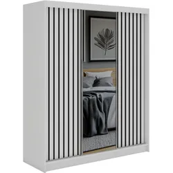 SCHWEBETÜRENSCHRANK mit Spiegel und Schubladen LAOS - 180 - Weiß - Schwarz Lamellen
