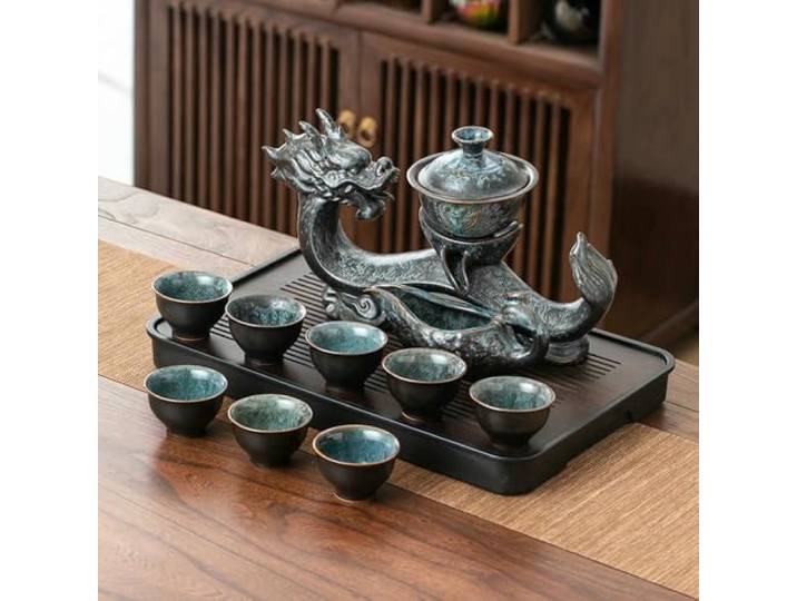 1 Set rotierende Teekanne, im Keramikofen gedrehtes Ruyi-Teekannenset in Drachenform, Teekanne mit 8 Teetassen, ohne Teetablett, halbautomatisches Teeset, Lazy Kung Fu Teeset