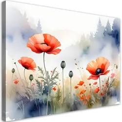 LEINWANDBILDER, Feld Mohnblumen Waldlandschaft Pastell