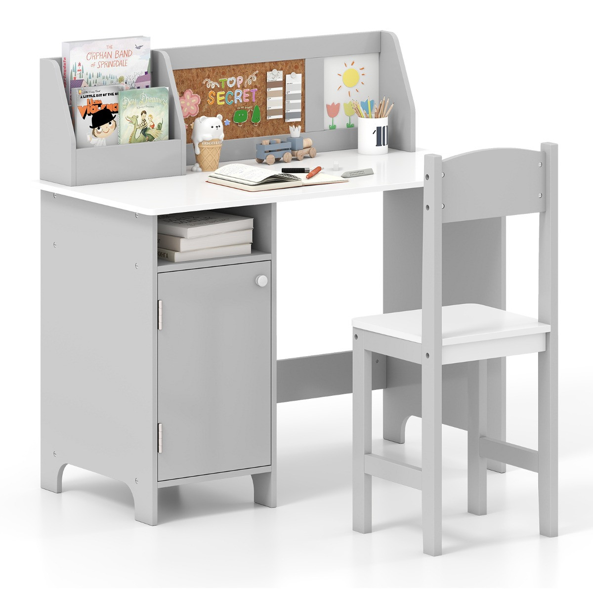Costway Kinderbureau set met houten stoel en boekenplank - Grijs