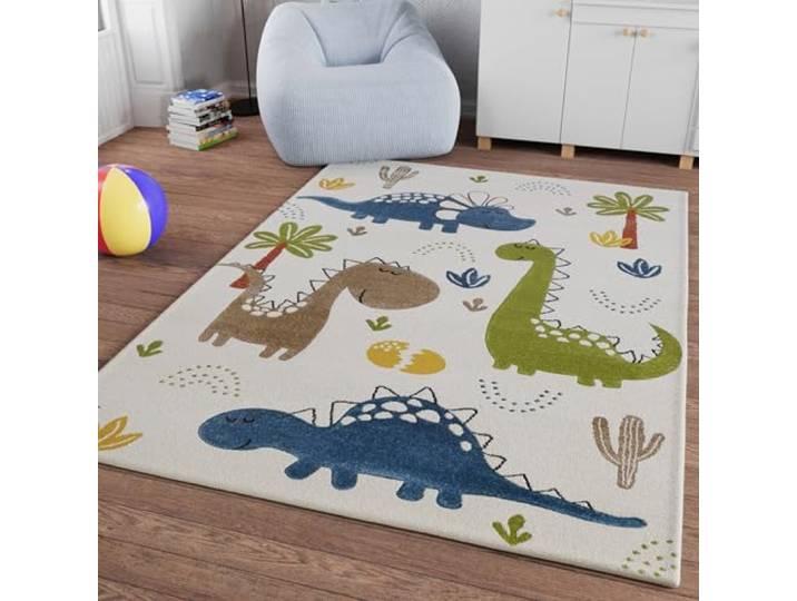 Smart Kids Dino & Friends Kinderteppich, 140 x 200 cm, Creme weiß Gewebter Kinderteppich, Spannende Abenteuer mit niedlichen Dinosaurier-Motiven