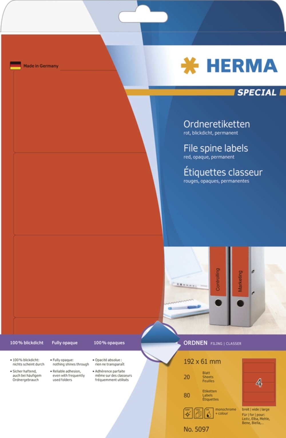 Herma 5097 rot Ordneretiketten 19.2x6.1 cm (20 Blatt (80 Etiketten))