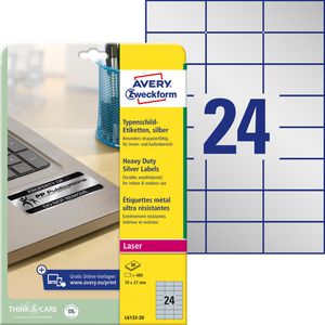 Zweckform Typenschild-Etiketten L6133-20, silber, 70 x 37mm, 20 Blatt, 480 Stück