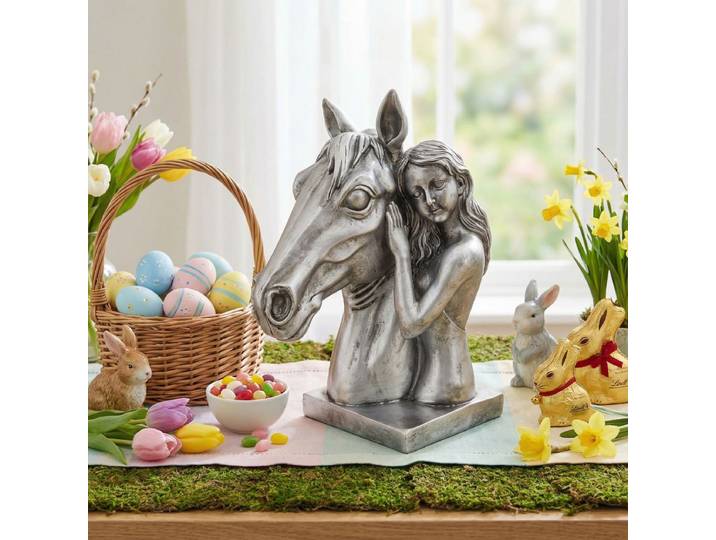 Tierfigur AMBIENTE HAUS Pferdekopf mit Mädchen 32cm , silber (silberfarben), B:16cm H:32cm T:26cm, Polyresin, Dekofiguren, Tierfigur