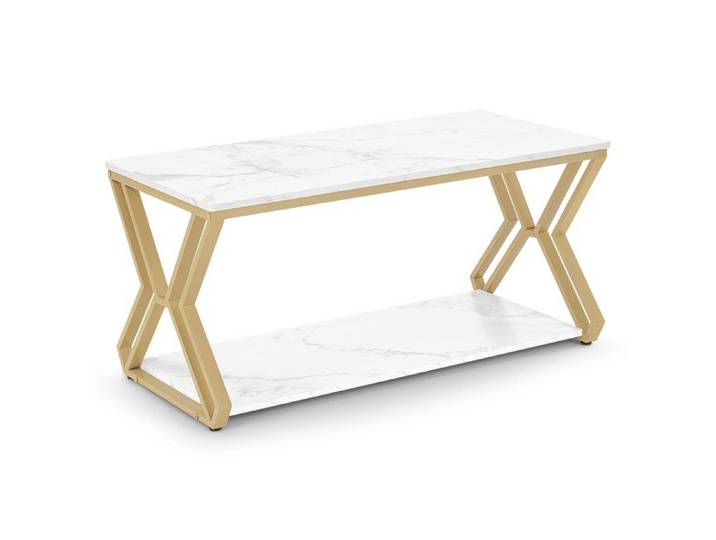 BarberPub Table basse dorée table d'appoint avec 2 tablettes table de salon en bois table de salon moderne en métal 2196