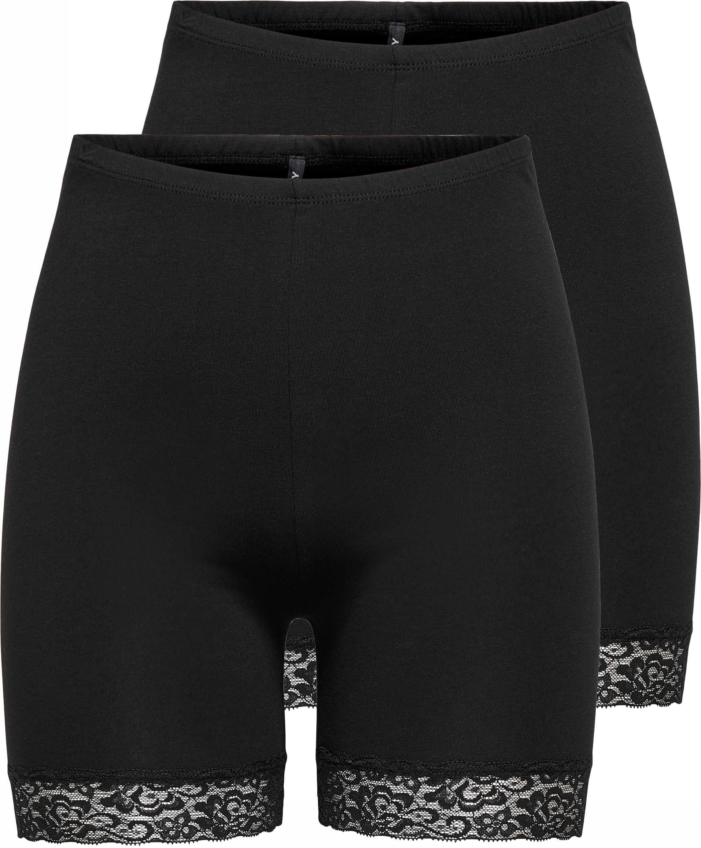 Radlerhose ONLY "ONLLIVE – Radlerhosen mit Spitzensaum im praktischen Doppelpack", Damen, Gr. S (36), N-Gr, schwarz, Jersey, Obermaterial: 95% Baumwolle, 5% Elasthan, unifarben, slim fit, Hosen Radlerhose, unifarben, modisch, slim fit, Baumwollmischung