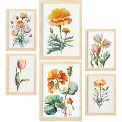 POSTER Set Mit 6 Orangefarbene Blumen Vollfarbige Natur & Botanikdrucke Mit Blumenmotiven Auf Reinweißen Hintergründen A3 & A4 Rahmen Aus Hellem Holz