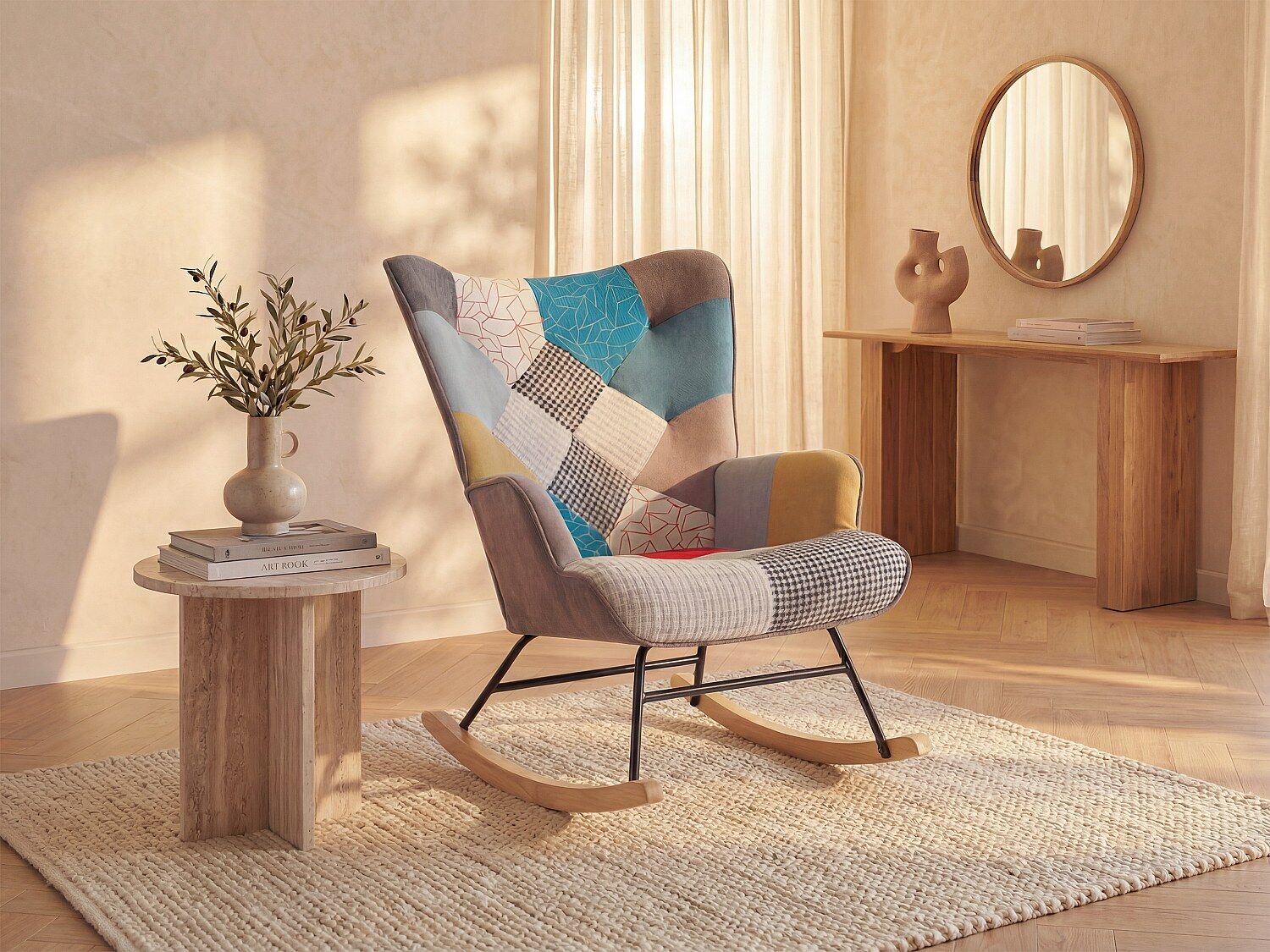 Unique Sillón mecedora de tela patchwork multicolor ELMINA II