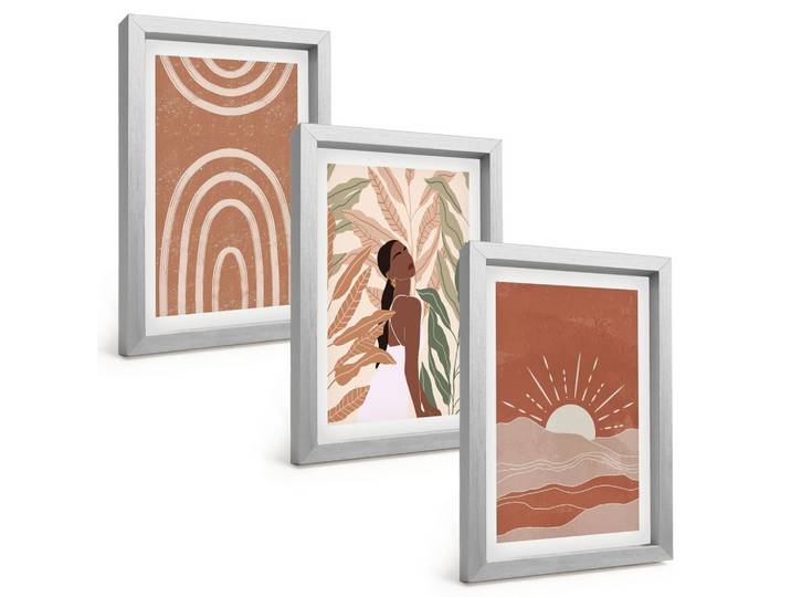 BILDER SET 3er Set - 20x30 cm Silberner Rahmen - abstrakte Formen im Boho-Stil
