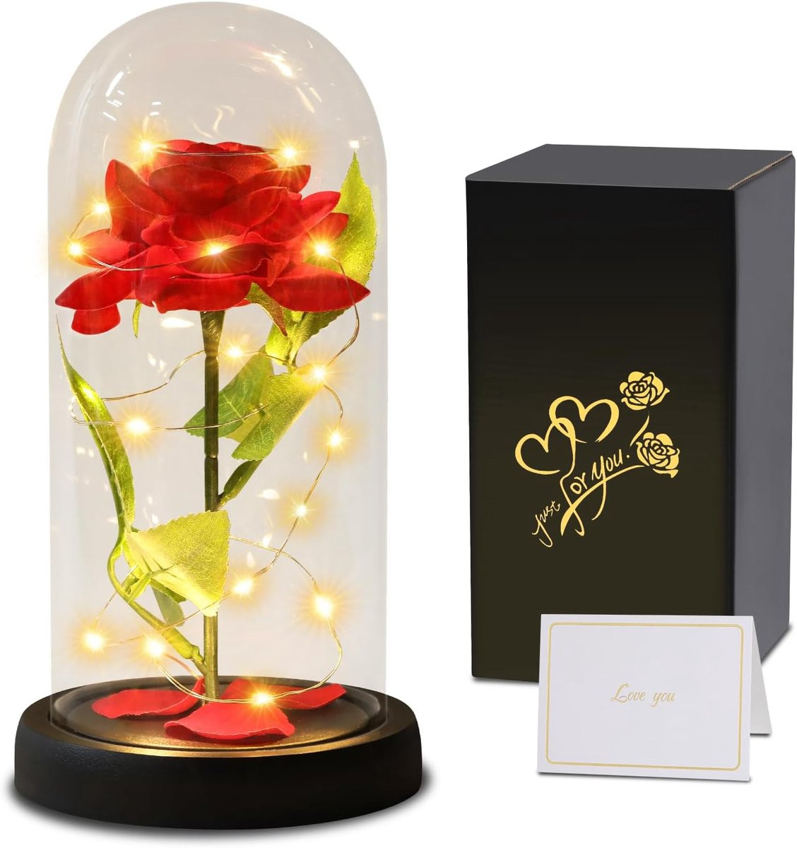 Eeuwige roos kunstbloem decoratie met LED-verlichting in roze rood, Hoogte: 20 cm