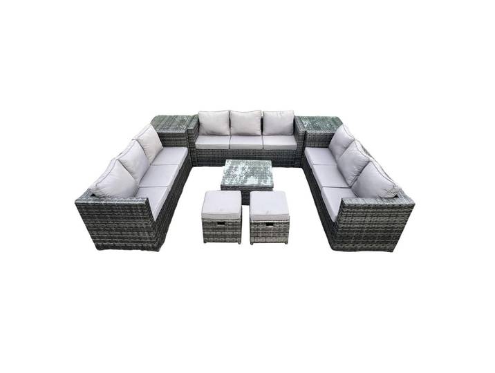Fimous Gartentischgruppe Polyrattan 11-Sitzer, Dunkelgrau, Metall, Gartenmöbel, Gartengarnituren, Gartenmöbel-Sets