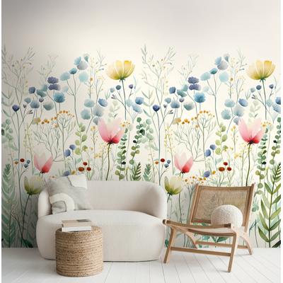 Fototapete LIVING WALLS "The Wall 4 Flowers – Blumenwiese mit Blätterranken Vlies-Fototapete", bunt (grün), B:1,59m H:0m L:2,8m, Vinyl, Vlies, Tapeten, Blumenwiese mit Blätterranken – natürlicher Tiefenwirkung