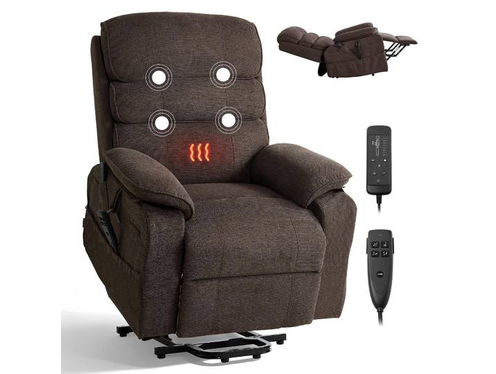 Fauteuil TV VEVOR électrique\, fauteuil relax avec aide au lever\, fonctions chauffante et massage\, fauteuil pour seniors à réglage continu\, fauteuil de massage avec revêtement en chenille et télécommande\, marron