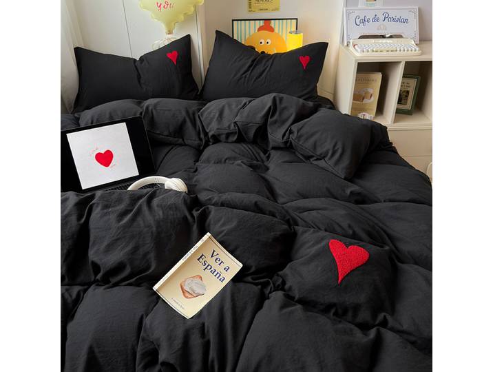 Ensemble de quatre pièces de draps doux en coton mélangé et lavé de style japonais Instagram, housses de couette de couleur unie, pour dortoir