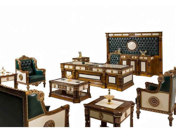 JVmoebel Büromöbel-Set Eleganter Schreibtisch und Konsole in Grün aus Leder und Holz, (10-tlg), Made in Europe