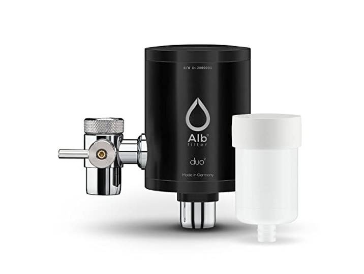 Alb Filter DUO NANO Wasserfilter Wasserhahn Edelstahl Schwarz + PROTECT Zertifizierte Keimsperre bis 0,1 µm gegen Legionellen & Bakterien, Trinkwasserfilter Küche, Made in Germany