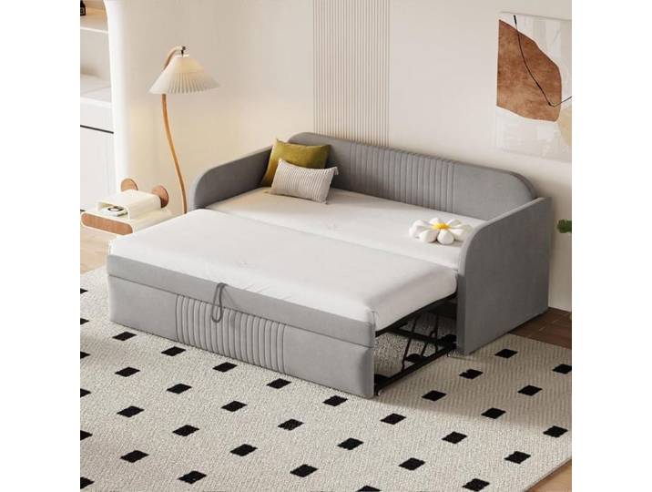 Lit Gigogne 90/180x190 cm Canapé-lit extensible Lit rembourré Lit banquette Gris clair